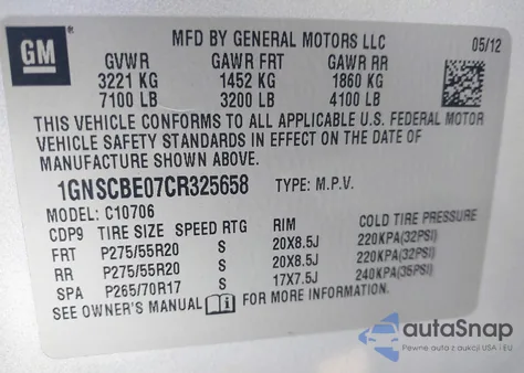 2012 Chevrolet Tahoe C1500 Lt from USA, damaged, VIN 1GNSCBE07CR325658